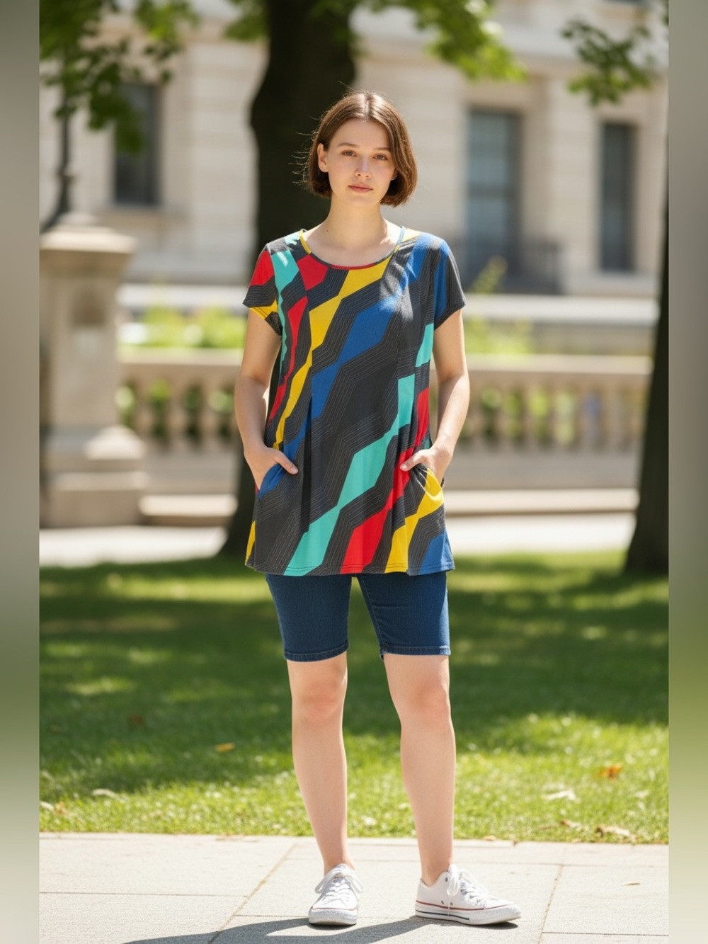 Lily Multi-Color Short Sleeve Geometric Pocket Tunic